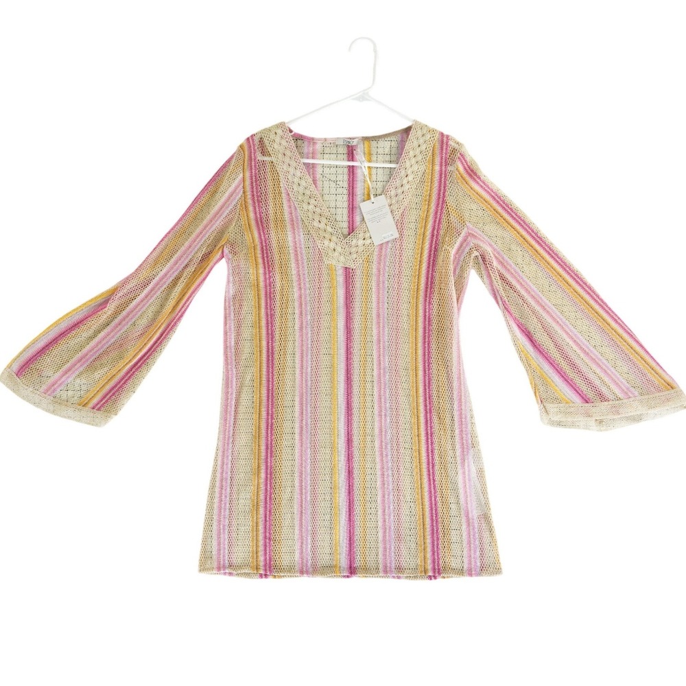 NWT PHO Italy Womens Medium Metallic Striped Open Knit Bell Sleeve Cover Up Swim